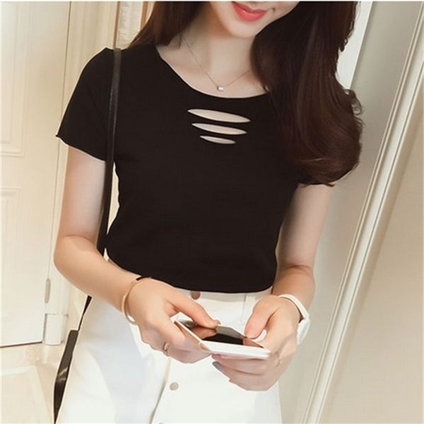 

women are hollow out half sleeve cotton t-shirt 210324, White