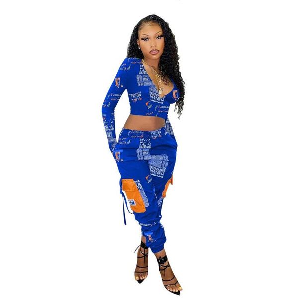 

women's print big pocket english alphabet black blue two-piece suit women tracksuit, Gray