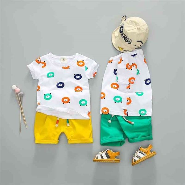 

summer boys beach clothes cartoon bear print pattern blouse t-shirt+shorts set casual short sleeve outfits sets 210326, White