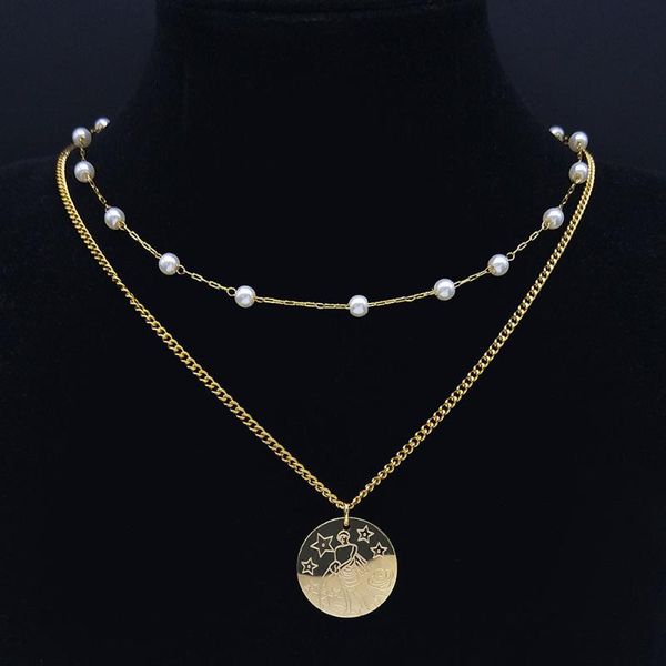 

pendant necklaces 2pcs 12 constellations aquarius stainless steel pearl choker gold color astrology layered necklace jewelry n9208s04, Silver