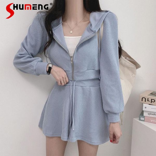 

women's tracksuits solid color loose bandage full sleeve hooded short sweatshirt cardigan korean chic wide leg shorts casual sports sui, Gray