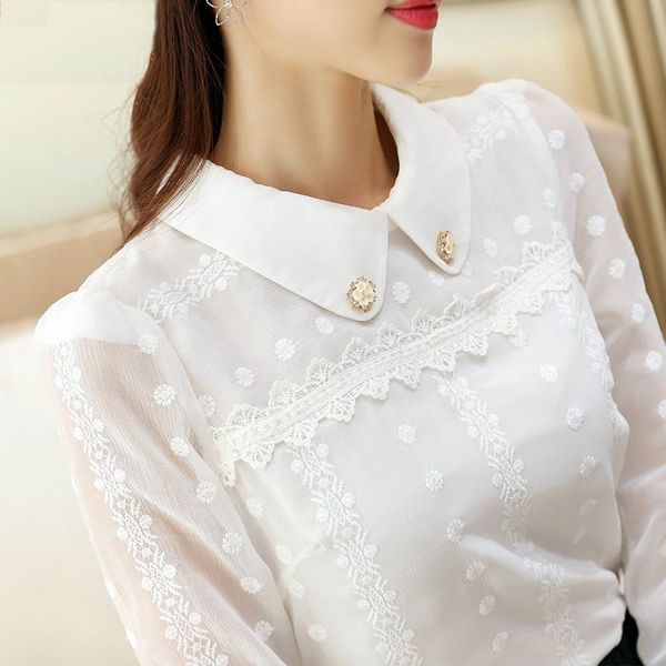 

long sleeve women shirts solid white blouse lace chiffon fashion elegant floral diamond blusas b687 women's blouses &