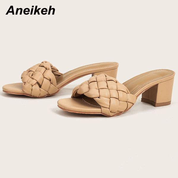 

pu women shoes summer head peep toe square heels slippers concise solid shallow party fashion checkered leisure 210507, Black