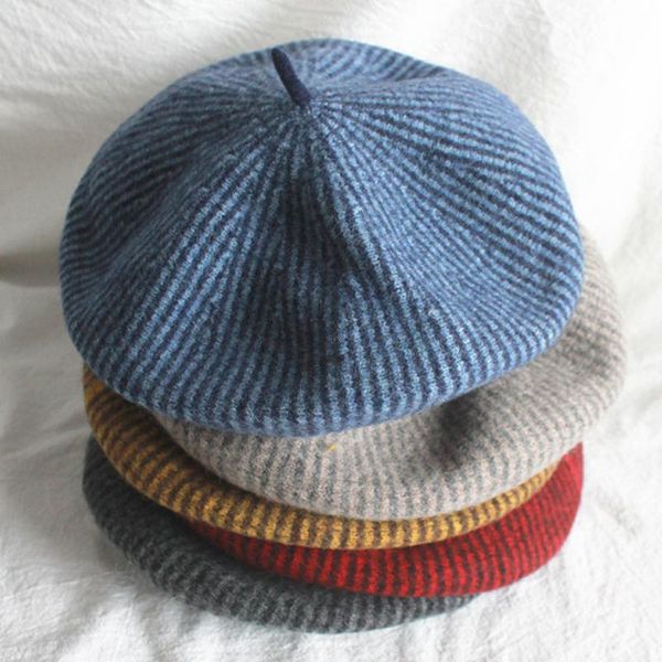 

berets two color pinstripe knitted wool beret hat women autumn british vintage artist ladies winter warm walking, Blue;gray