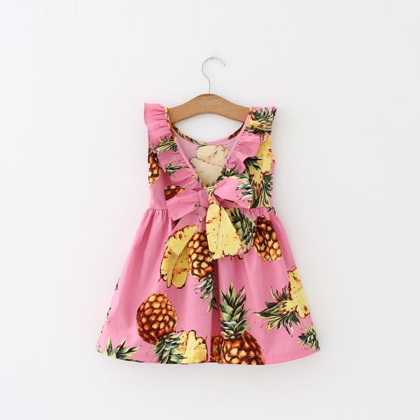 

2017 summer kids dresses for girls pink pineapple print girl dress ruffles back v children dress sleeveless girls, Red;yellow