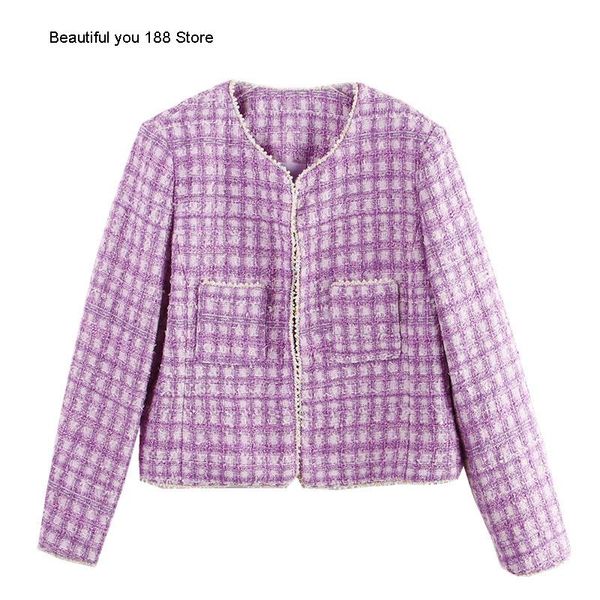

fragrant taro purple nail bead tweed small coat for women's autumn new temperament celebrities splicing plaid short cardigan top, White