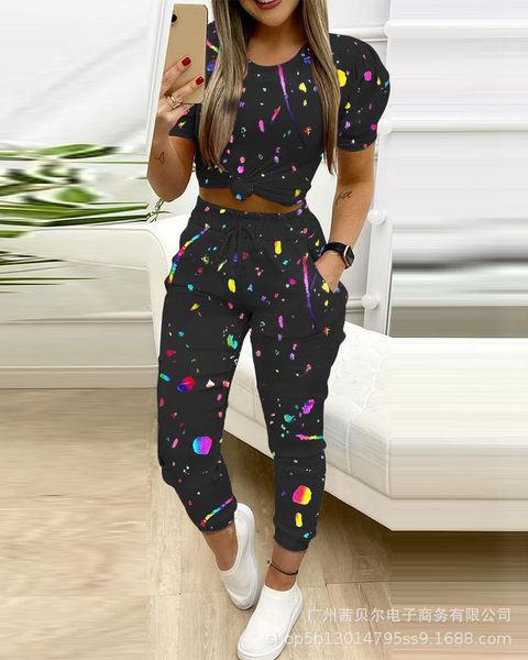 

women's two piece pants mandylandy women casual knotted round neck straight sports suit with black splash-ink printing pocket trousers, White