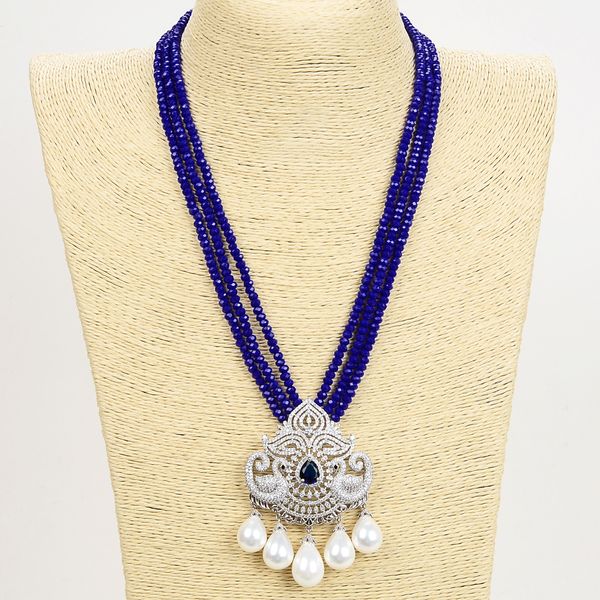 

guaiguai jewelry 3 rows 4mm blue crystal necklace silver color plated cz pave white sea shell pearl pendant handmade for women real jewlery