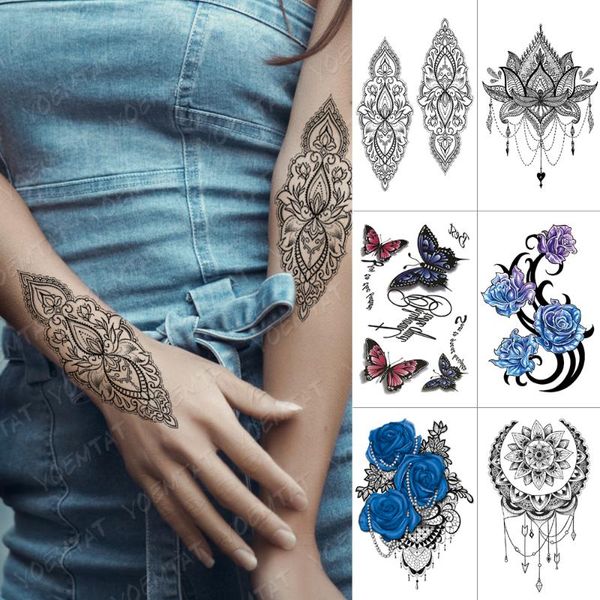 

temporary tattoos waterproof tattoo sticker butterfly blue rose peony flash lace henna flower body art arm fake tatoo women men