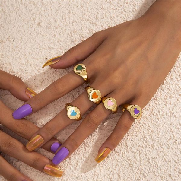 

wedding rings creativity colorful enamel heart ring for women glossy dripping peach engagement couple exquisite jewelry, Slivery;golden