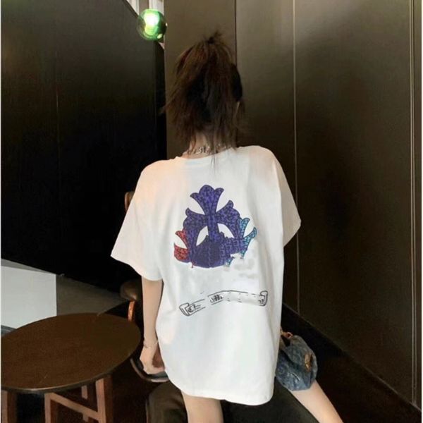 

t shirt klxin + 21 summer korean cross print short sleeve men's and women's street style loose round neck cotton, White