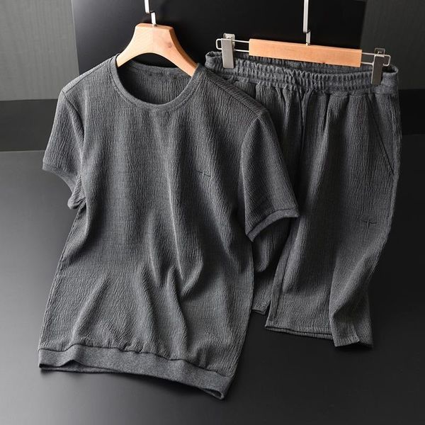 

men's tracksuits summer men sets plus size 3xl 4xl luxury sport short sleeve man sets(t-shirts+pants) wrinkle slim mens with, Gray