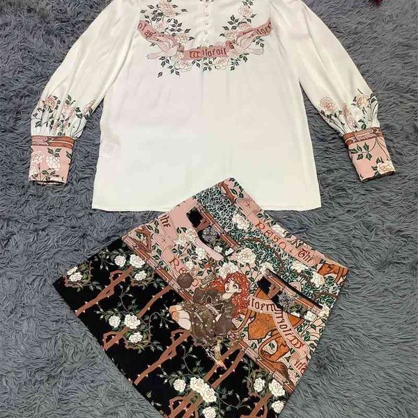 

truevoker runway high street mujer skirt set women lantern sleeve print + diamond crystal pencil lady desiger et 210602, White