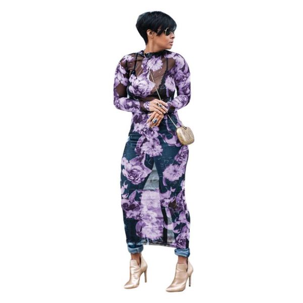 

casual dresses summer beach dress maxi see through fashion o collar long sleeve plus size elegant for women flowers printed, Black;gray