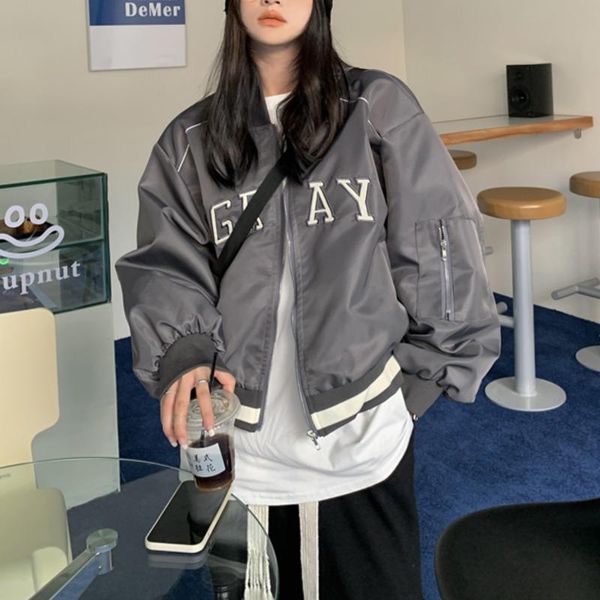 

women's jackets street style letter embroidery loose bomber jacket autumn design long sleeve top, Black;brown