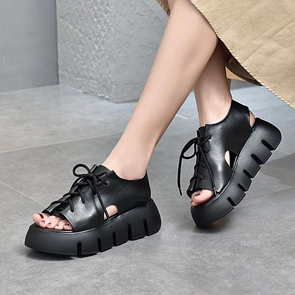 

yourseason ladies genuine leather shoes lace up vintage 2021 wedges handmade female leisure concise platform sandals dress, Black