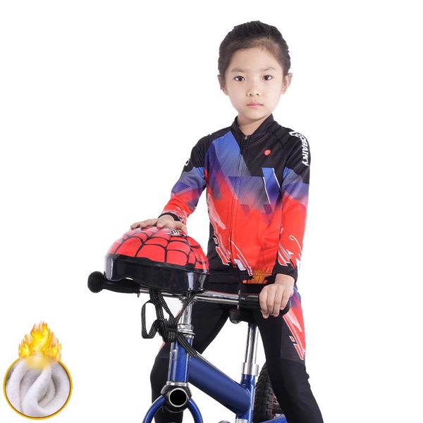 

racing sets children cycling clothing girls winter thermal fleece long sleeve mtb ropa ciclismo bike uniform kids bicycle jersey set, Black;blue