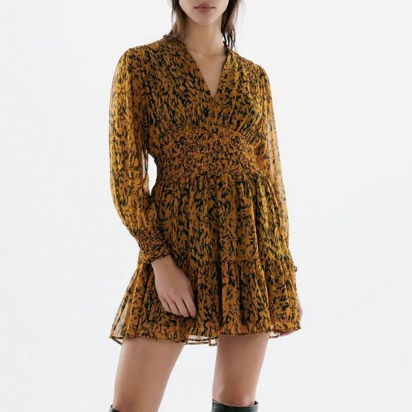 

casual dresses women print short dress spring 2022 fashion full sleeve v-neck above knee elastic waist feminino mini vestidos, Black;gray
