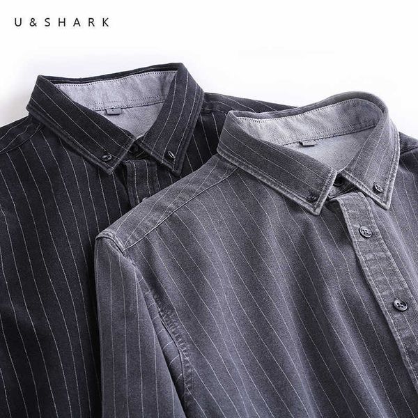 

u&shark thin striped shirts for men korean clothes men shirt long sleeved 100% cotton shirt business social male office clothing 210603, White;black