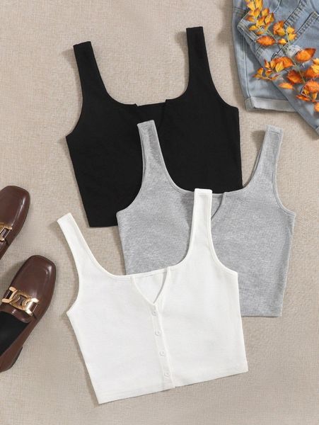 

3pack notch neck button up tank v0o1#, White
