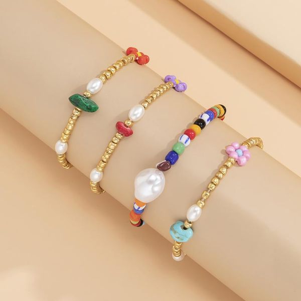 

charm bracelets boho colorful beads flower/stone/pearl for women charms layered beaded chains set 2021 fashion girls jewelry, Golden;silver