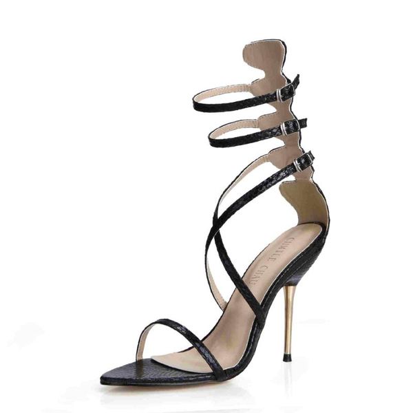 

snakeskin party shoe women stiletto high heels gladiator rome ankle strap ladies sandals zapatos mujer 3845c-6b, Black