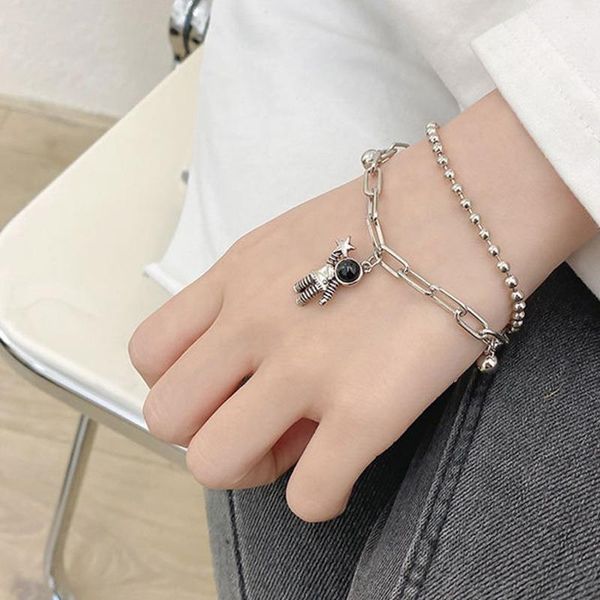 

link, chain astronaut bangles women layered bracelet lady hollow fashion lovers party silver color creative korean alloy naszyjnik, Black