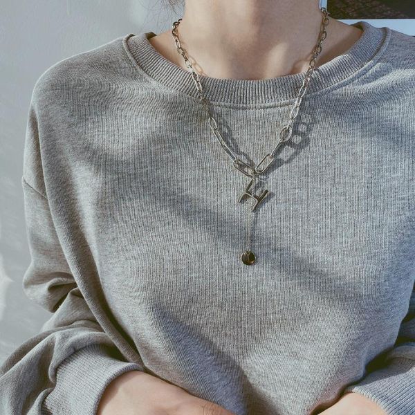 

pendant necklaces ins personalized round retro design letter h titanium steel necklace versatile, Silver