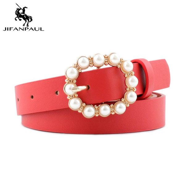 

pearl decorative belt women's fashion round pin buckle belts women'sl solid leather thin, Black;brown