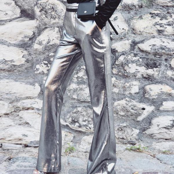 

women's pants & capris women fashion bronzing silver trousers 2021 high waist female harajuku stretch wide leg flared clothes, Black;white