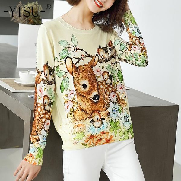 

women's sweaters yisu knitted sweater women loose jumper autumn winter female pullover o neck long sleeve sika deer pattern printed, White;black