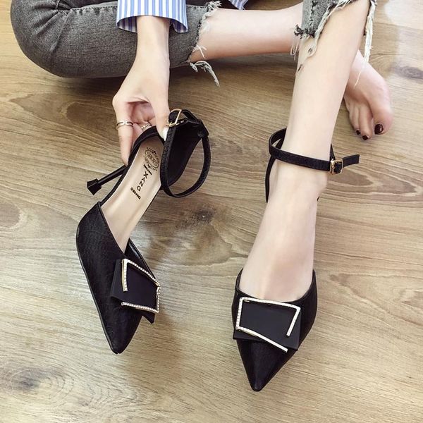 

all-match pointed heel sandals comfort shoes for women buckle strap shallow mouth suit female beige 2021 summer stiletto high bl dress, Black