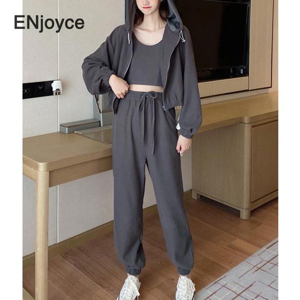 

women's tracksuits women spring fall solid casual tracksuit sports 3 pieces sets hoodie sweatshirts zipper hoodies tank pants sweatpant, Gray