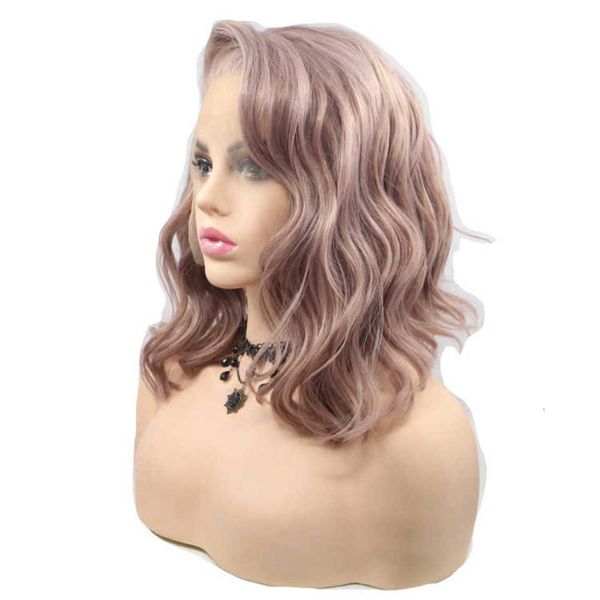 

wig women's powder shawl medium long curly hair chemical fiber front lace headgear, Black;brown