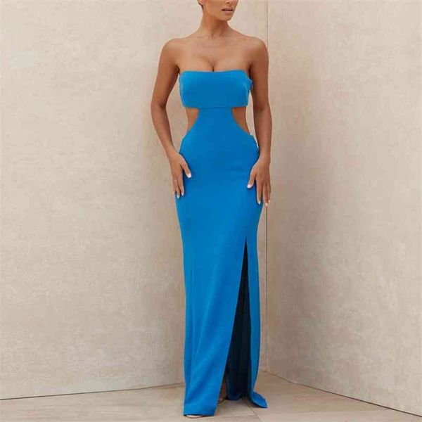 

summer strapless hollow out bodycon bandage dress women sleeveless blue club celebrity runway party dresses 210507, Black;gray