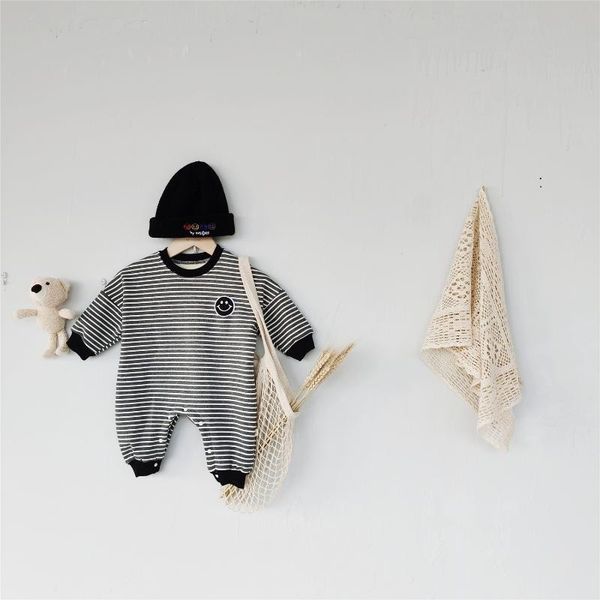 

autumn winter new baby clothes warm soft cotton fleece jumpsuit long sleeve striped baby boy romper clothing loose outfits, Blue