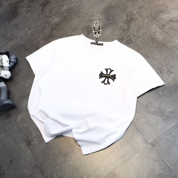 

ch chao brand summer hollow out embroidery sanskrit horseshoe cross short t-shirt men's and women's round neck lo, White