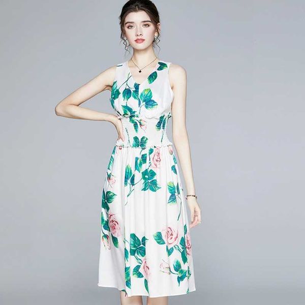 

women summer rose flowers print runway dress v-neck sleeveless high waist midi party 210526, Black;gray
