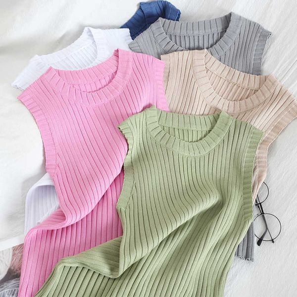 

casual kinitted women tank elegant sleeveless o-neck all match slim lady camisoles w120 210526, White