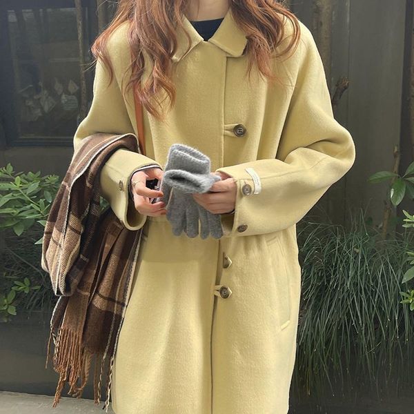 

women's wool & blends [ewq] korea autumn winter simple style lapel single breasted white medium and long sleeved woolen coat 2021 16r42, Black