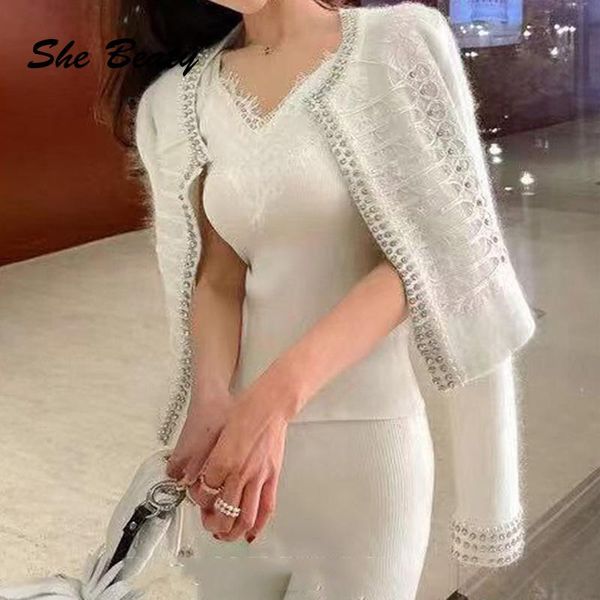 

women's knits & tees vintage knitted cardigans women 2021 autumn winter patchwork lace beading korean style diamond elegant sueters de, White