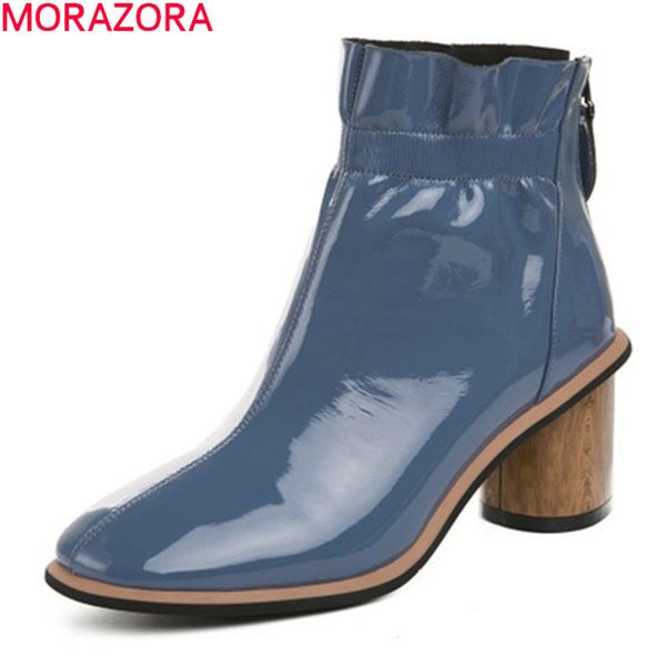 

morazora genuine leather boots thick high heels square toe women brand boots autumn winter black blue color ankle boots 210506