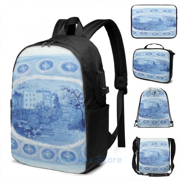 

backpack funny graphic print hand painted blue willow and white china chinoiserie usb charge men school travel lapbag