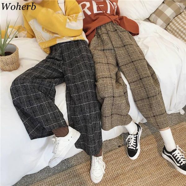 

women's pants & capris woherb harajuku capri plaid women high waist wide leg trousers streetwear 2021 casual loose female pantalones mu, Black;white