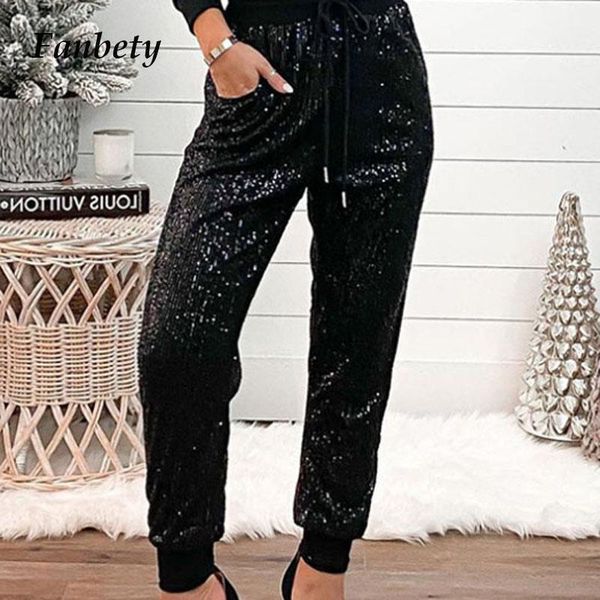 

women elegant drawstring high waist trousers sequin glitter skinny pants office ladies 2021 fashion casual pocket sweatpant women's & c, Black;white