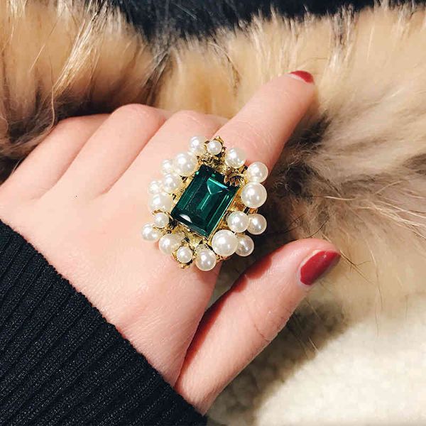 

ring trendy pearl female personality old inlaid elegant emerald face big, Silver