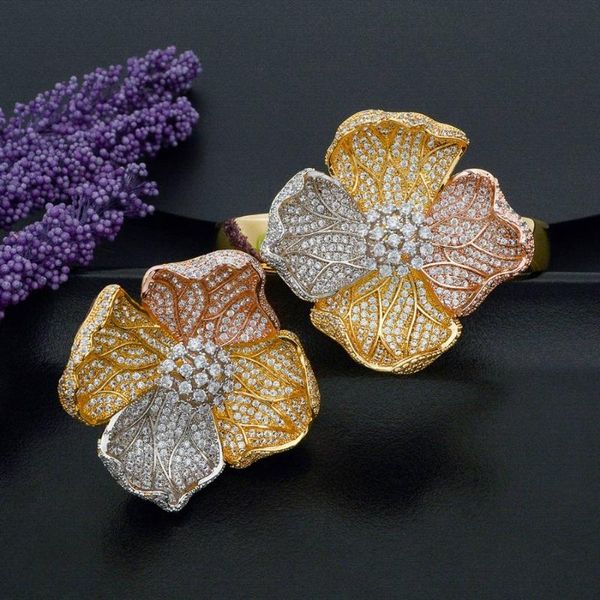 

earrings & necklace modemangel luxury begonia flower super cubic zirconia women engagement bangle and ring jewelry set, Silver