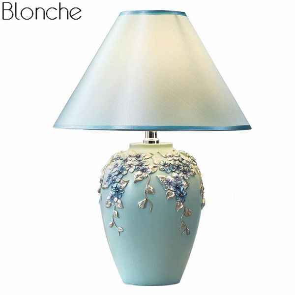 

table lamps modern fabric lampshade flower lamp bedroom bedside resin base led desk light fixtures study wedding decor luminaire