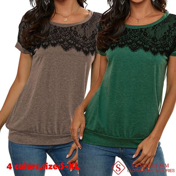 

women's t-shirt one piece drop summer round neck solid color short sleeve lace, White