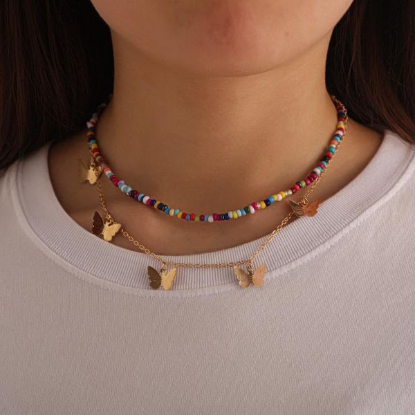 

trendy double layer color beads short choker necklace girl creative personality butterfly pendant jewelry beach style chokers, Golden;silver